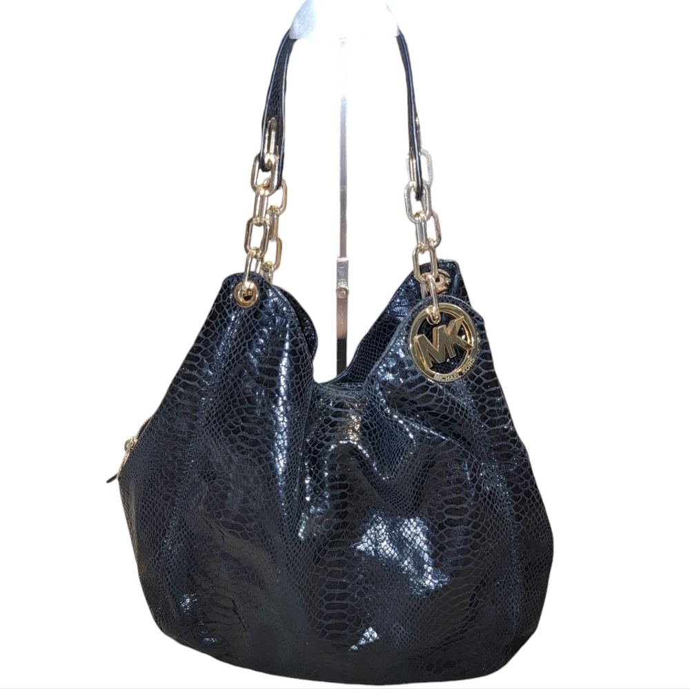 Michael Kors LG Patent Leather Snake Embossed Black Handbag W/Signature Hardware